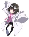  1girl @_@ arms_up bangs black_hair black_legwear black_shorts blunt_bangs blush coke-bottle_glasses from_above glasses labcoat looking_at_viewer necktie open_mouth pink_eyes pink_shirt senki_zesshou_symphogear shiny shiny_hair shiny_skin shirt short_hair shorts simple_background sleeves_past_wrists solo standing thigh-highs tsukamoto_kensuke tsukuyomi_shirabe white_background 