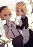  1boy 1girl :/ apron arch bird black_dress blonde_hair blue_eyes brown_pants cabbie_hat dove dress dutch_angle eyebrows_visible_through_hair flat_chest frills hair_ornament hairclip hat interlocked_fingers juliet_sleeves kagamine_len kagamine_rin light_frown long_sleeves looking_at_viewer maid mob_cap newspaper pants papers parted_lips pillar puffy_sleeves serious short_hair short_ponytail suspenders v-shaped_eyebrows vocaloid zazuzu 