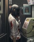  1girl absurdres black_hair black_pants blood bloody_clothes dollar_sign guweiz hand_up highres holding holding_phone long_sleeves original pants phone phone_booth shirt sign solo sticky_note wanted water_drop wet white_shirt 