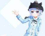  1girl :&lt; animal_ears animal_hat bangs black_headwear black_ribbon blue_background blue_eyes blue_jacket cabbie_hat center_frills character_request closed_mouth collared_shirt commentary dress_shirt english_commentary eyebrows_visible_through_hair fake_animal_ears frills glint grey_background hand_up hat highres hood hood_down hooded_jacket jacket jewelry long_sleeves looking_at_viewer neck_ribbon open_clothes open_jacket pleated_skirt ribbon ring safety_pin shirt skirt solo stratosphere_(coom1017) twitter_username two-tone_background upper_body vrchat white_hair white_shirt white_skirt 
