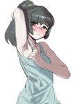  1girl armpits blue_dress blush bow_(bhp) brown_eyes dress grey_hair hand_up long_hair looking_at_viewer nose_blush original ponytail simple_background solo standing white_background 