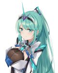  1girl bangs breasts chest_jewel green_eyes green_hair highres large_breasts long_hair long_ponytail pneuma_(xenoblade) ponytail sarasadou_dan simple_background solo swept_bangs tiara white_background xenoblade_chronicles_(series) xenoblade_chronicles_2 