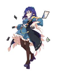  1girl ability_card_(touhou) armor baba_(baba_seimaijo) black_coat blue_dress blue_hair breasts brown_pantyhose card closed_mouth coat dress eyelashes frilled_dress frills full_body geta hair_between_eyes hat highres holding holding_card iizunamaru_megumu long_hair looking_at_viewer medium_breasts pantyhose pauldrons pointy_ears red_eyes ribbon-trimmed_sleeves ribbon_trim second-party_source shoes shoulder_armor simple_background single_pauldron sleeveless sleeveless_coat solo tengu-geta test_tube tokin_hat touhou transparent_background wide_sleeves 
