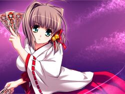  1girl ahoge ayatsuji_yuki bell brown_hair closed_mouth game_asset green_eyes hair_bell hair_ornament hair_ribbon hakama hakama_skirt japanese_clothes jingle_bell kamei miko non-web_source official_art ofuda red_hakama ribbon seito_kaichou_hikaru self-datamine short_hair skirt solo variant_set visual_novel_cg 