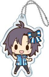  1girl :d antenna_hair black_eyes black_pants black_shoes blue_bow blue_shirt blush_stickers bow charm_(object) chibi collared_shirt copyright_logo copyright_notice employee_uniform full_body grey_hair hair_bow hair_ornament heart heart_hair_ornament idolmaster kikuchi_makoto logo official_art open_mouth pants shirt shoes short_hair short_sleeves simple_background smile solid_oval_eyes solo standing striped_bow striped_clothes striped_shirt vertical-striped_clothes vertical-striped_shirt white_background white_bow white_shirt 