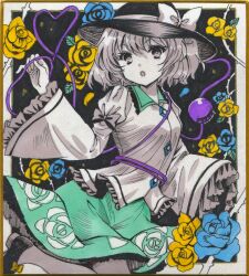  1girl :o blue_ribbon bow collared_shirt commentary_request diamond_(shape) disembodied_linked_eye floral_print flower frilled_shirt_collar frilled_sleeves frills green_skirt hajike_akira hat hat_bow hat_ribbon heart heart_of_string highres komeiji_koishi long_sleeves looking_at_viewer marker_(medium) open_mouth plant ribbon rose rose_print shirt short_hair skirt solo thorns touhou traditional_media vines wide_sleeves yellow_flower yellow_rose 