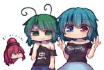  3girls antennae arms_up bangs black_shirt blue_eyes blue_hair blue_skirt breasts closed_eyes closed_mouth english_text eyebrows_visible_through_hair face flat_chest green_eyes green_hair hecatia_lapislazuli heterochromia holding holding_clothes holding_shirt large_breasts long_hair medium_hair multiple_girls open_mouth polos_crown red_eyes redhead shirt simple_background skirt smile tatara_kogasa touhou translation_request unime_seaflower upper_body white_background wriggle_nightbug 