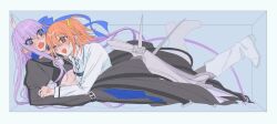  2girls blue_bow blue_ribbon boots bow box collared_shirt fate/extra fate/extra_ccc fate/grand_order fate_(series) fujimaru_ritsuka_(female) highres in_box in_container long_hair long_sleeves lying_on_person meltryllis_(fate) meltryllis_(swimsuit_lancer)_(fate) midriff multiple_girls one_eye_closed open_mouth orange_hair pl945la prosthesis prosthetic_leg purple_hair ribbon shirt sweatdrop white_boots white_shirt yuri 