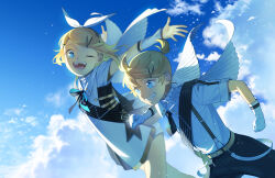  1boy 1girl :d antenna_hair belt bird black_bow black_hairband black_necktie black_shorts blue_eyes blue_sky bon_bon_eee bow clouds commentary_request cowboy_shot detached_sleeves feet_out_of_frame frilled_shirt_collar frills from_below from_side gloves gradient_sky hair_bow hair_ornament hairband hairclip highres kagamine_len kagamine_rin medium_hair miku_symphony_(vocaloid) necktie one_eye_closed open_mouth parted_bangs ponytail shirt short_necktie short_ponytail shorts sidelocks sky smile suspenders teeth vocaloid white_bow white_gloves white_shirt white_shorts yellow_belt 