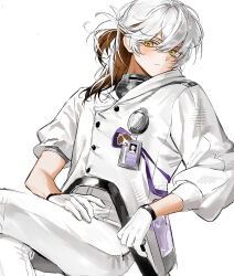  1other :/ brown_hair coat commentary_request cowboy_shot crossed_legs gloves highres id_card korean_commentary looking_at_viewer medicine_pocket multicolored_hair none0c pants reverse:1999 sitting solo two-tone_hair white_background white_coat white_gloves white_hair white_pants yellow_eyes 