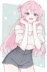  1girl bang_dream! bang_dream!_it's_mygo!!!!! blush chihaya_anon commentary e20 fang grey_eyes grey_shorts hands_up highres logo long_hair off-shoulder_sweater off_shoulder one_eye_closed open_mouth pink_hair short_sleeves shorts skin_fang solo sweater 