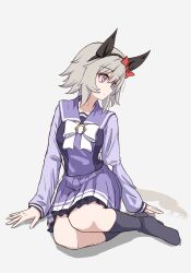  1girl absurdres animal_ears back_bow black_hairband black_socks bow bowtie breasts curren_chan_(umamusume) ear_bow ear_covers full_body grey_hair hair_between_eyes hairband highres horse_ears horse_tail horseshoe_ornament large_bow long_sleeves medium_breasts pleated_skirt purple_sailor_collar purple_serafuku purple_shirt purple_skirt red_bow sailor_collar sailor_shirt school_uniform serafuku shirt short_hair simple_background sitting skirt socks solo tail tofu_thunder tracen_school_uniform umamusume violet_eyes white_bow white_bowtie winter_uniform yokozuwari 
