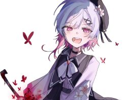  1girl :d beret black_choker black_coat black_hat blood blood_on_clothes blood_on_weapon bug butterfly choker coat collared_coat commentary_request flower flower-trimmed_sleeves gradient_hair hair_flower hair_ornament harumaking hat hat_flower hat_ribbon holding holding_weapon long_sleeves looking_at_viewer mahou_shoujo_no_majo_saiban multicolored_hair neck_ribbon open_mouth pink_eyes pink_hair puffy_sleeves red_butterfly ribbon sakuraba_ema shirt short_hair simple_background sleeveless sleeveless_coat smile solo teeth upper_body weapon white_background white_flower white_hair white_ribbon white_shirt white_sleeves x_hair_ornament 