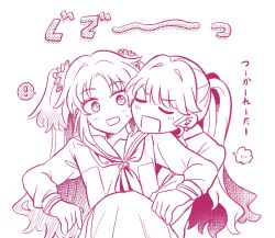  ! 2girls blush commentary_request earrings flower fujishima_megumi fujishima_megumi_(post-graduation_casual) hair_flower hair_ornament heart heart_earrings highres hug hug_from_behind jacket jewelry long_hair long_sleeves love_live! love_live!_hasu_no_sora_jogakuin_school_idol_club monochrome multiple_girls open_clothes open_jacket osawa_rurino pink_theme ponytail simple_background spoken_blush spoken_exclamation_mark suit_jacket sweatdrop twintails virtual_youtuber watage_modoki white_background 