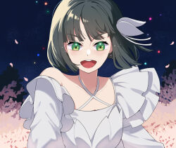  1girl :d black_hair breasts cherry_blossoms commentary_request dress falling_petals frilled_dress frills goldluck green_eyes highres hikari_no_naka_de_hana_saite long_sleeves love_live! love_live!_hasu_no_sora_jogakuin_school_idol_club love_live!_hasu_no_sora_jogakuin_school_idol_club_bloom_garden_party medium_breasts momose_ginko night open_mouth petals pink_petals short_hair single-shoulder_dress single_bare_shoulder sky smile solo star_(sky) starry_sky upper_body v-shaped_eyebrows virtual_youtuber white_dress 