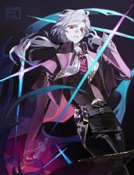  1boy armor artist_name ascot black_bow bow capelet commentary edmond_dantes_(fate) fate/grand_order fate_(series) gem gloves gradient_hair hair_bow high_collar highres holding holding_sword holding_weapon long_sleeves looking_at_viewer male_focus migo45 multicolored_hair overlighting parted_lips purple_capelet purple_gem purple_hair red_eyes solo sword the_count_of_monte_cristo_(fate) the_count_of_monte_cristo_(second_ascension)_(fate) underlighting weapon white_gloves white_hair 