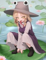  1girl absurdres blonde_hair boots breasts brown_boots brown_hat commentary_request flower hair_ribbon hat highres lily_pad long_hair long_sleeves long_tongue looking_at_viewer medium_breasts moriya_suwako open_mouth outdoors pink_flower pink_nails purple_skirt purple_vest red_ribbon ribbon ripples skirt slit_pupils smile solo squatting sugar_you tongue touhou tress_ribbon vest water water_lily_flower wide_sleeves yellow_eyes 