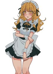  1girl alternate_costume amatukimahoro apron back_bow black_dress blonde_hair blush bow braid breasts commentary_request dress empty_eyes enmaided hair_bow kirisame_marisa looking_at_viewer maid maid_headdress neck_ribbon puffy_short_sleeves puffy_sleeves ribbon short_sleeves side_braid simple_background single_braid small_breasts solo sweat touhou waist_apron white_apron white_background white_bow white_wrist_cuffs wrist_cuffs yellow_eyes yellow_ribbon 