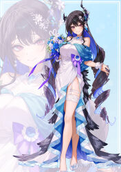  1girl :d absurdres asymmetrical_horns black_hair black_horns black_wings blue_hair bouquet breasts closed_mouth colored_inner_hair commentary_request copyright_notice dress drill_hair earrings feathered_wings flower full_body garter_straps grin hair_flower hair_ornament halter_dress halterneck highres holding holding_bouquet hololive hololive_english horn_flower horns jewelry large_breasts long_hair looking_at_viewer low_twintails low_wings mole mole_under_eye multicolored_hair nerissa_ravencroft o-ring o-ring_thigh_strap official_art rin31153336 shoes side_slit sidelocks slit_pupils smile solo thigh_strap twin_drills twintails uneven_horns very_long_hair violet_eyes virtual_youtuber watermark watermark_grid white_dress white_shoes wings wrist_cuffs zoom_layer 