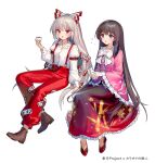 2girls ainy arm_belt bamboo_print bangs black_hair boots bow bowtie brown_eyes brown_footwear choko_(cup) cup drunk eyebrows_visible_through_hair frilled_sleeves frills fujiwara_no_mokou full_body hair_bow holding holding_cup houraisan_kaguya invisible_chair long_hair long_skirt long_sleeves multiple_girls ofuda open_mouth pants pink_shirt red_eyes red_footwear red_pants red_skirt shirt silver_hair simple_background sitting skirt slippers suspenders tokkuri touhou v-shaped_eyebrows very_long_hair white_background white_bow white_neckwear wide_sleeves