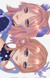  2girls artist_name bow-shaped_hair colored_tips coral_hair_ornament dress dual_persona empty_eyes genshin_impact gradient_hair hair_ornament highres mimi_(genshin_impact) multicolored_hair multiple_girls pearl_hair_ornament pink_hair purple_dress rueiza sangonomiya_kokomi sidelocks_tied_back sideways simple_background twitter_username updo violet_eyes 