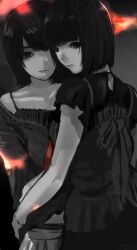  2girls amakura_mayu amakura_mio black_camisole black_hair black_shirt black_skirt bob_cut brown_shirt camisole camisole_over_clothes closed_mouth collarbone commentary_request expressionless fatal_frame fatal_frame_ii:_crimson_butterfly frills gauss_<bokashi gradient_background hand_on_another's_hip highres looking_at_viewer looking_back multiple_girls off_shoulder ribbon shirt short_hair short_sleeves siblings sisters skirt spaghetti_strap standing twins unfinished upper_body 