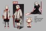  1girl absurdres bag bandaid bandaid_on_face character_sheet chibi english_commentary english_text grey_hair highres holding holding_bag multiple_views original short_hair standing vincent_wu yellow_eyes 