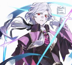  1boy armor artist_name ascot black_bow bow capelet commentary edmond_dantes_(fate) fate/grand_order fate_(series) gem gloves gradient_hair hair_bow high_collar highres looking_at_viewer male_focus migo45 multicolored_hair parted_lips purple_capelet purple_gem purple_hair red_eyes solo the_count_of_monte_cristo_(fate) the_count_of_monte_cristo_(second_ascension)_(fate) upper_body white_gloves white_hair 