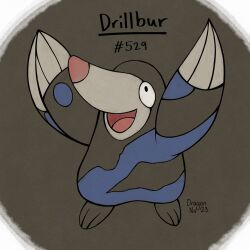  black_background black_fur blue_fur character_name dragonno23 drilbur highres no_humans open_mouth pokedex_number pokemon pokemon_(creature) solo two-tone_background two-tone_fur white_background 