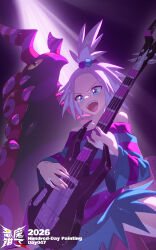  1girl bare_shoulders bass_guitar blue_eyes bra_strap bug demonqz7 dress forehead hair_bobbles hair_ornament highres holding holding_bass_guitar holding_instrument instrument multicolored_hair_bobbles off-shoulder_dress off_shoulder open_mouth playing_instrument pokemon pokemon_(creature) pokemon_black_2_and_white_2 roxie_(pokemon) scolipede short_hair smile striped_clothes striped_dress teeth topknot upper_teeth_only white_hair yellow_eyes 