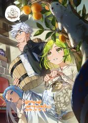  1boy 2girls absurdres black_shirt blue_eyes blue_hair brushbuddy bucket closed_mouth coco_(tongari_boushi_no_atelier) commentary_request dirty dress english_text food fruit fruit_tree green_eyes green_hair grey_hair hand_on_own_chin heterochromatic_eyewear hiding hiding_behind_another high_collar highres holding indoors kuby_hq long_hair long_sleeves magic_circle multicolored_eyes multiple_girls orange_(fruit) parted_lips pince-nez plant potted_plant qifrey_(tongari_boushi_no_atelier) richeh_(tongari_boushi_no_atelier) shirt short_hair speech_bubble sweat sweatdrop teeth thought_bubble tinted_eyewear tongari_boushi_no_atelier towel tree twitter_username two-tone_eyes water white_dress yellow_eyes 