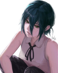  1girl 2022 absurdres bare_shoulders black_hair black_ribbon chainsaw_man closed_mouth collared_shirt commentary dated green_eyes hair_between_eyes hair_bun highres knees_to_chest lips long_hair_between_eyes looking_at_viewer luxearte neck_ribbon reze_(chainsaw_man) ribbon shirt short_hair signature simple_background sitting sleeveless sleeveless_shirt solo white_background white_shirt 
