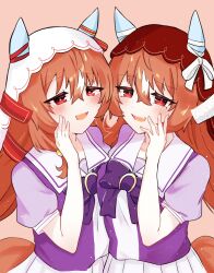  2girls absurdres animal_ears blush bow bowtie breasts brown_hair brown_veil commentary_request dual_persona ear_covers ear_ribbon eieio_oooo hair_between_eyes hand_on_own_cheek hand_on_own_face highres horse_ears horse_girl horse_tail long_hair multicolored_hair multiple_girls open_mouth pleated_skirt puffy_short_sleeves puffy_sleeves purple_bow purple_bowtie purple_shirt red_eyes ribbon sailor_collar sailor_shirt school_uniform shirt short_sleeves simple_background skirt small_breasts smile still_in_love_(umamusume) streaked_hair tail tracen_school_uniform umamusume veil white_sailor_collar white_skirt white_streaks white_veil 