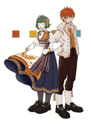  1boy 1girl black_pantyhose black_shoes blue_eyes blush brown_pants checkered_socks clenched_hand closed_eyes closed_mouth dekopoko dress farah_oersted flower full_body green_hair hair_flower hair_ornament highres jacket loafers locked_arms official_alternate_costume open_clothes open_jacket orange_flower orange_vest pants pantyhose red_hair reid_hershel shirt shoes short_hair smile socks standing tales_of_(series) tales_of_eternia vest white_background white_jacket white_shirt white_socks 