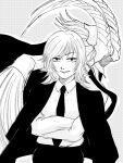  1girl black_eyes black_jacket black_neckwear black_pants breasts business_suit chainsaw_man collared_shirt crossed_arms demon_girl demon_horns eyebrows_visible_through_hair formal ham0728sss horns hybrid jacket jacket_removed long_hair looking_at_viewer medium_breasts monochrome necktie office_lady pants sharp_teeth shirt shirt_tucked_in smile solo suit teeth transformation untied white_shirt 