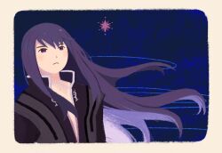  1boy alternate_eye_color black_hair blush closed_mouth dekopoko expressionless floating_hair highres long_hair looking_at_viewer male_focus night solo star_(symbol) tales_of_(series) tales_of_vesperia violet_eyes yuri_lowell 