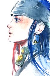  1girl ainu ainu_clothes asirpa bandana calligraphy_brush calligraphy_brush_(medium) earrings eyebrows eyelashes from_side golden_kamuy hoop_earrings ito_kiko jewelry lips long_hair paintbrush portrait profile solo traditional_media watercolor_(medium) 