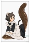  1girl akai_sashimi animal animal_ears apron artist_name black_border border brown_eyes brown_hair cat_ears cat_tail eyebrows_visible_through_hair giant_salamander maid maid_apron messy_hair original short_hair tail 