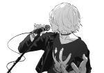  1boy ametaro_(ixxxzu) boku_no_hero_academia choker covered_eyes greyscale highres jacket microphone monochrome open_mouth print_shirt shigaraki_tomura shirt short_hair solo 