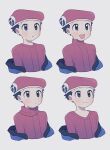  1boy :d :o black_hair blush closed_mouth commentary_request grey_eyes hat highres lucas_(pokemon) male_focus multiple_views open_mouth oshi_taberu pokemon pokemon_(game) pokemon_dppt red_headwear smile tongue turtleneck upper_body v-neck 