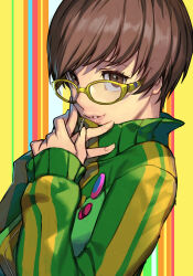  1girl brown_eyes brown_hair colorful_background glasses green_jacket hankuri jacket looking_at_viewer parted_lips persona persona_4 portrait satonaka_chie short_hair smile solo track_jacket yellow-framed_eyewear 