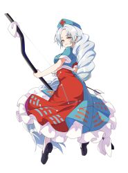  1girl arrow_(projectile) baba_(baba_seimaijo) bagua black_shoes bloom blue_dress blue_hat bow_(weapon) braid braided_ponytail breasts closed_mouth dress eyebrows_hidden_by_hair eyelashes frills full_body grey_eyes hair_between_eyes hat highres holding holding_arrow holding_bow_(weapon) holding_weapon long_hair looking_at_viewer medium_breasts nurse_cap petticoat puffy_short_sleeves puffy_sleeves red_dress second-party_source shoes short_sleeves simple_background smile solo touhou transparent_background trigram two-tone_dress very_long_hair weapon white_hair yagokoro_eirin 