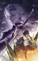 1boy 1girl absurdres ardashir_(arknights) arknights arknights:_endfield black_hair black_jacket black_pantyhose black_shirt endministrator_(arknights) eye_mask female_endministrator_(arknights) field grey_hair highres holding holding_staff horns jacket long_hair long_sleeves mask medium_hair open_clothes open_jacket pantyhose pointy_ears ponytail shirt shoes staff standing sweater violet_eyes white_sweater woottak09 