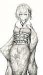  1girl breasts clenched_hand graphite_(medium) hololive japanese_clothes kimono kupa_(jesterwii) large_breasts looking_ahead monochrome open_mouth shirogane_noel short_hair smile solo traditional_media virtual_youtuber yukata 