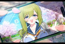  1girl 1other 2026 black_ribbon blue_eyes blue_sailor_collar cardigan cellphone cellphone_photo cherry_blossoms commentary_request dated eighth_note green_hair grey_cardigan hair_between_eyes hair_ribbon holding holding_phone kuromori_laura letterboxed musical_note muv-luv muv-luv_girls_garden neckerchief open_cardigan open_clothes open_mouth phone pov qiri_maru ribbon sailor_collar school_uniform shirt smartphone solo_focus sparkle spoken_musical_note teeth translation_request twitter_username upper_teeth_only white_shirt yellow_neckerchief 