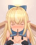  1girl absurdres blonde_hair blush breasts dark_skin dark-skinned_female elf food highres hololive kanti15 long_hair looking_at_viewer mouth_hold pocky pocky_day pointy_ears shiranui_flare solo virtual_youtuber 