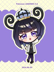  1girl :o absurdres arm_up belt belt_buckle black_dress black_hair black_shoes bob_cut buckle chibi chibi_only coat commentary_request dated dress eyelashes full_body gloves gradient_hair gwynn_(pokemon) hat highres long_sleeves looking_at_viewer mega_stone multicolored_hair o-ring o-ring_belt open_clothes open_coat open_mouth pantyhose partially_fingerless_gloves pokemon pokemon_legends:_z-a purple_gloves purple_hair purple_pantyhose shoes short_hair solo usui_(us808) violet_eyes white_coat 
