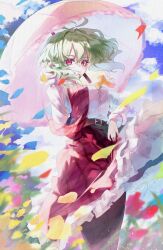  1girl ascot belt blue_sky breasts brown_belt brown_pantyhose calpis118 closed_mouth clouds commentary_request day falling_petals frilled_skirt frills green_hair highres kazami_yuuka long_sleeves looking_at_viewer medium_breasts medium_hair open_clothes open_vest pantyhose parasol petals pink_umbrella plaid_clothes plaid_skirt plaid_vest red_eyes red_vest skirt skirt_set sky smile solo touhou umbrella vest yellow_petals 