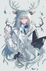  1girl animal_ears antlers arknights blue_eyes book chinese_commentary closed_mouth commentary_request deer_antlers deer_ears deer_girl expressionless grey_background hair_between_eyes hand_up highres holding holding_book horns long_hair long_sleeves looking_at_viewer reindeer_girl sami_deer_girl_(arknights) saraph_se_la solo upper_body white_background white_hair 