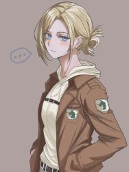  ... 1girl annie_leonhart belt blonde_hair blue_eyes blush emblem hair_bun hand_in_pocket highres hood hoodie jacket long_sleeves looking_at_viewer military_police_brigade_(emblem) nanabi paradis_military_uniform shingeki_no_kyojin shirt short_hair 